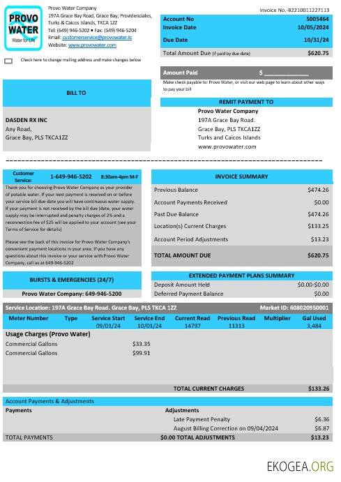 Royaume Uni Îles Turks et Caïques Provo Water Company facture de services publics modèle Word et PDF